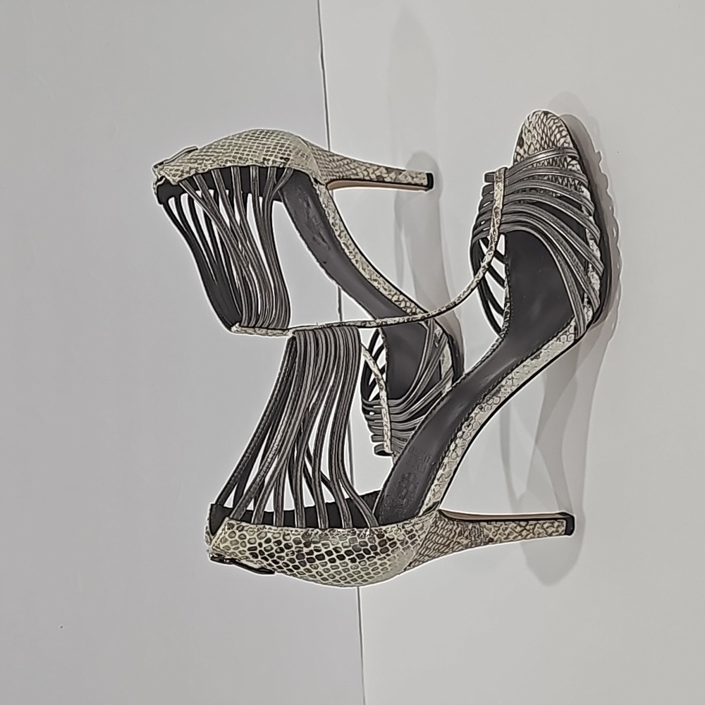 Vince Camuto Snake Print Strappy Grey beige Heels back zipper Size 10